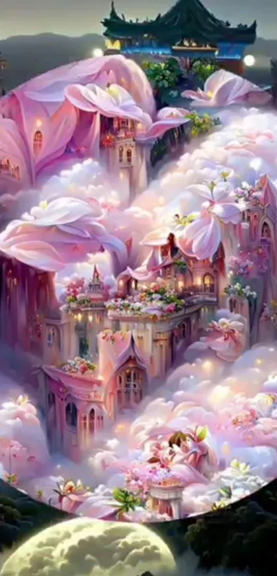 Dreamy pink fantasy castle in clouds with floral accents.