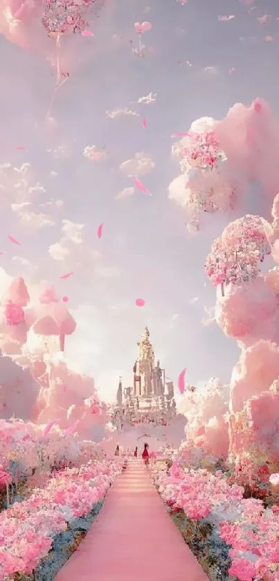 Whimsical pink castle surrounded by dreamy clouds.