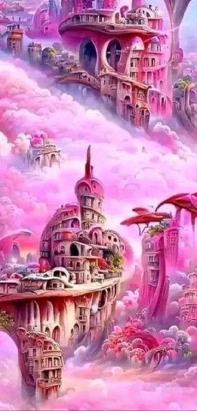 Fantasy cityscape with pink clouds and whimsical buildings.