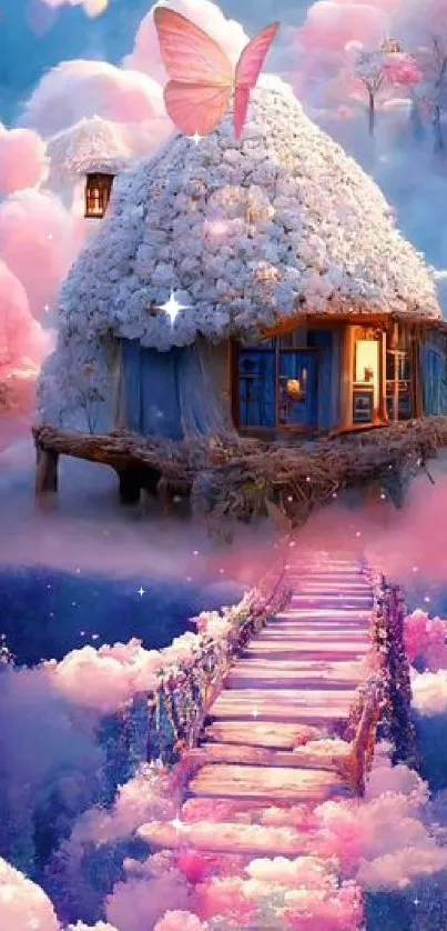 Dreamy fantasy cottage with pink clouds and butterfly in whimsical landscape.