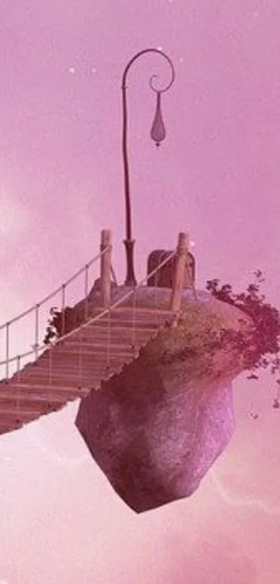 Fantasy pink island with bridge and lamppost on a dreamlike background.