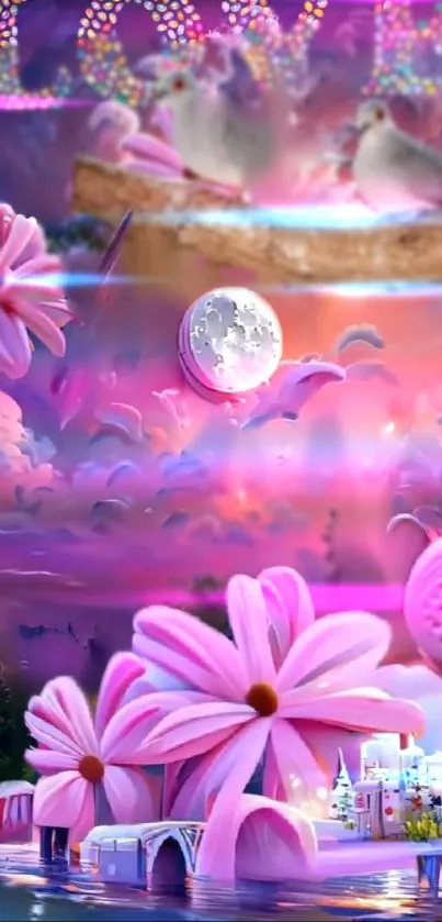 Dreamy pink fantasy landscape with flowers and cosmic sky.