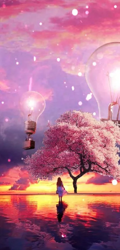 Surreal landscape with sunset, tree, and floating light bulbs in pink hues.