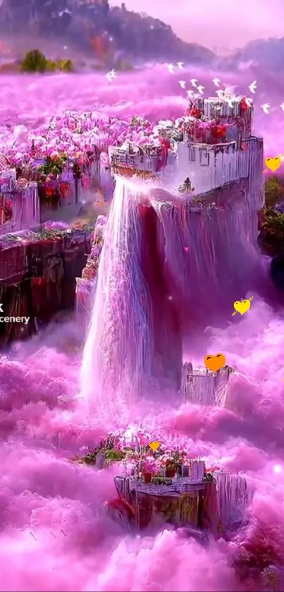 Pink fantasy landscape with castles and mist.