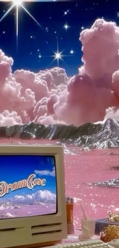 Retro fantasy scene with pink clouds and vintage computer.