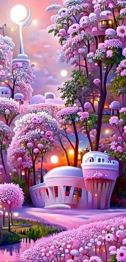 Dreamy pink fantasy landscape with blossoming trees and sunset glow.