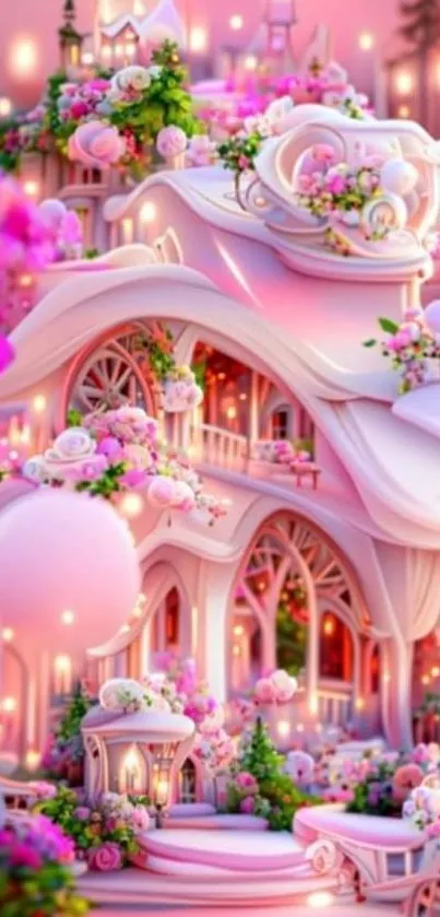 Dreamy pink fantasy landscape with enchanting fairy-tale architecture.