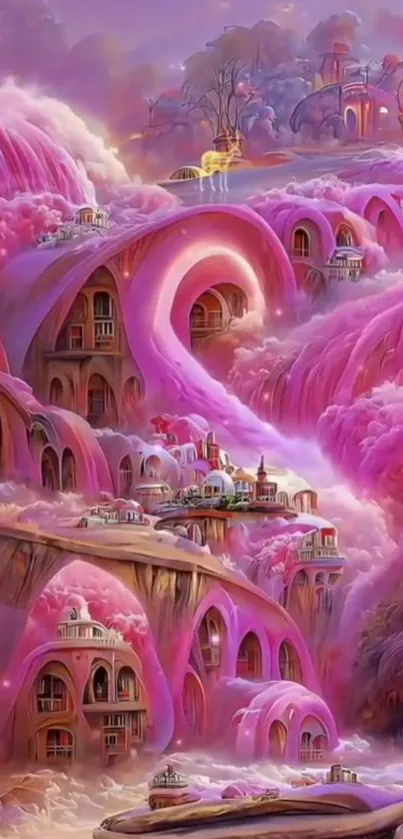 Dreamy pink fantasy landscape with whimsical architecture.