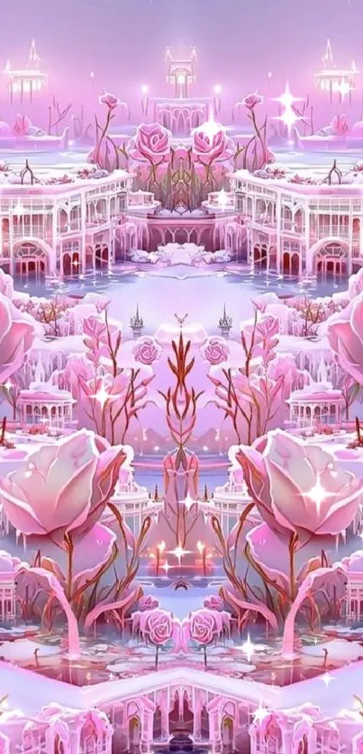 Dreamy pink fantasy wallpaper with enchanting roses and mystical architecture.