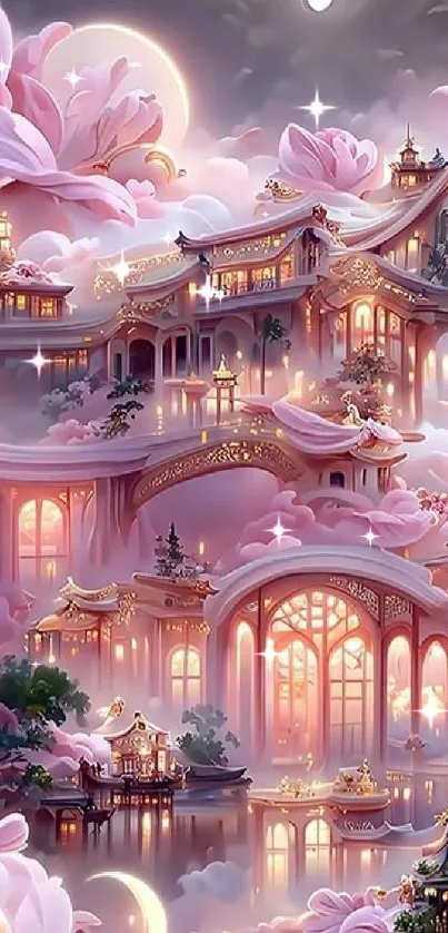 Dreamy pink fantasy wallpaper with glowing clouds and whimsical architecture.