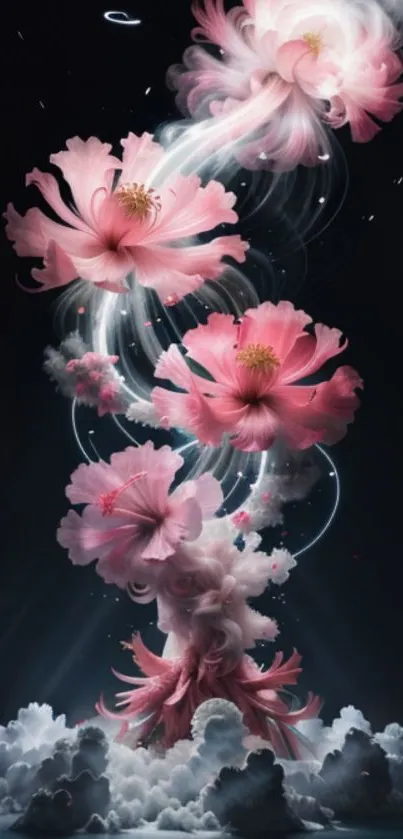 Enchanting pink flowers swirling in dreamy clouds against a dark background.