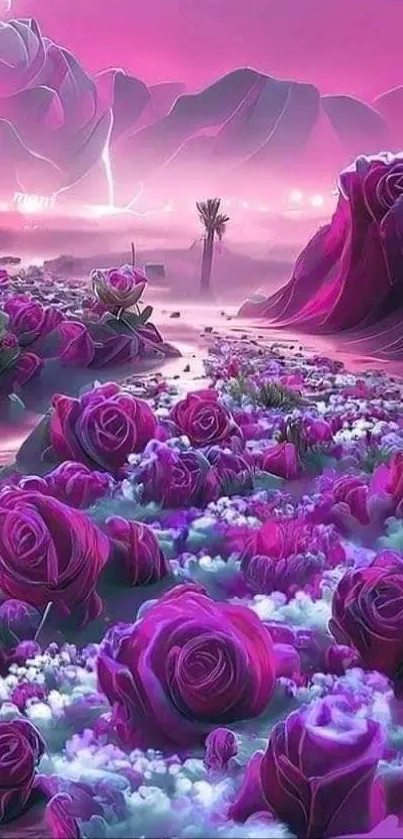 Dreamy pink floral landscape with roses in surreal scenery.