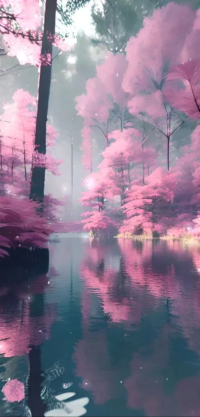 Dreamy pink forest with serene water reflection.