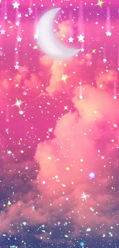 Dreamy pink galaxy wallpaper with moon and stars.