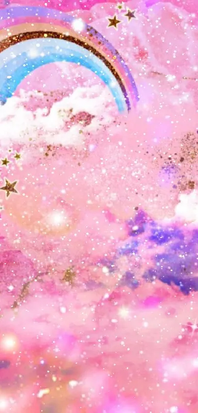 Dreamy pink galaxy wallpaper with clouds, stars, and colorful rainbow.