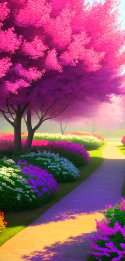 Enchanting path with vibrant pink blossoms and lush greenery.