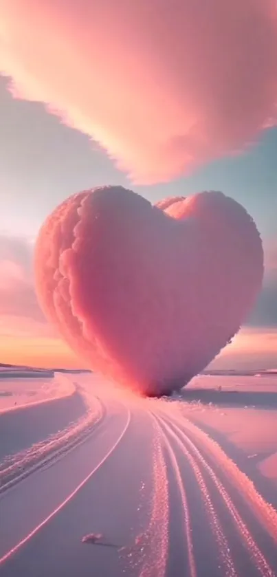 Heart-shaped cloud in pink sky over a snowy path, creating a dreamy landscape.