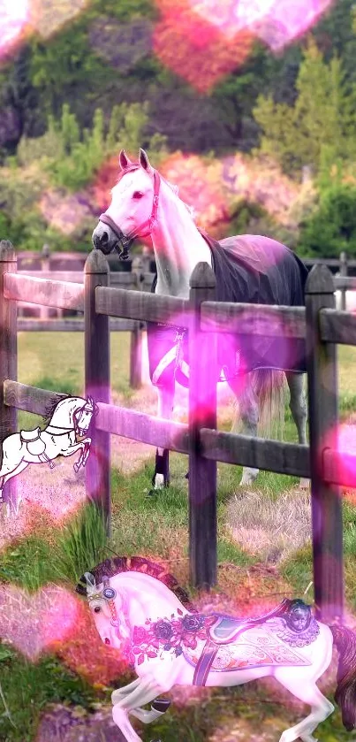 A serene horse in a pasture with whimsical pink effects and heart shapes.