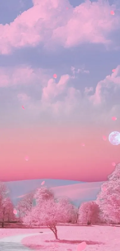 Dreamy pink landscape with pastel clouds and a glowing moon.