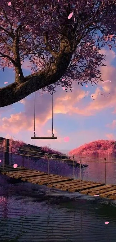 Dreamy landscape with pink tree and swing over a lake under a crescent moon.