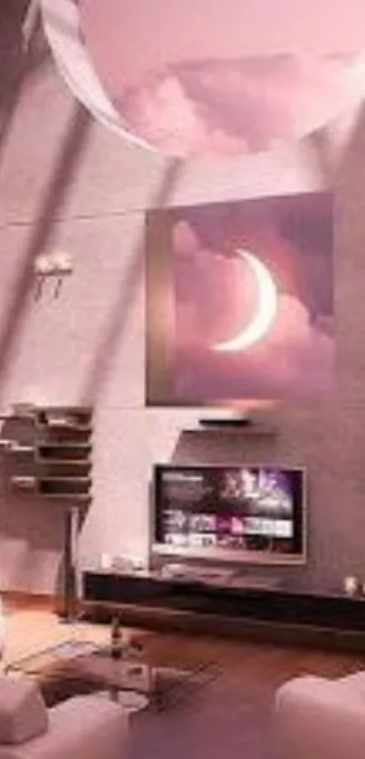 Dreamy pink living room with crescent moon.