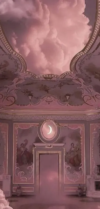 Whimsical lo-fi palace with dreamy pink clouds and intricate design.