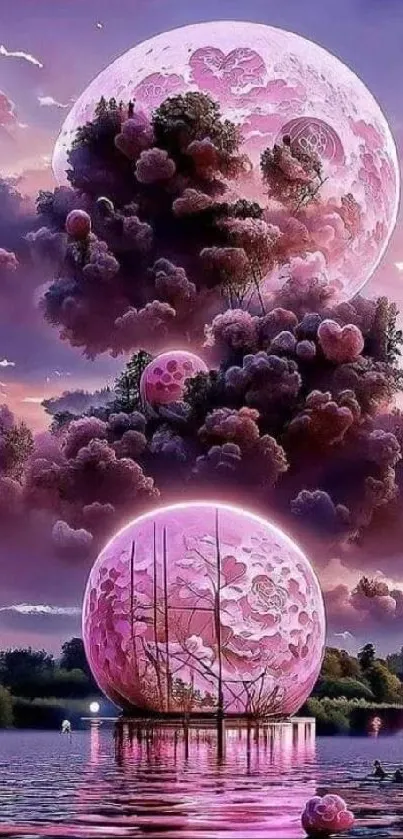 Fantasy pink lunar moons with heart-shaped clouds on tranquil waters.