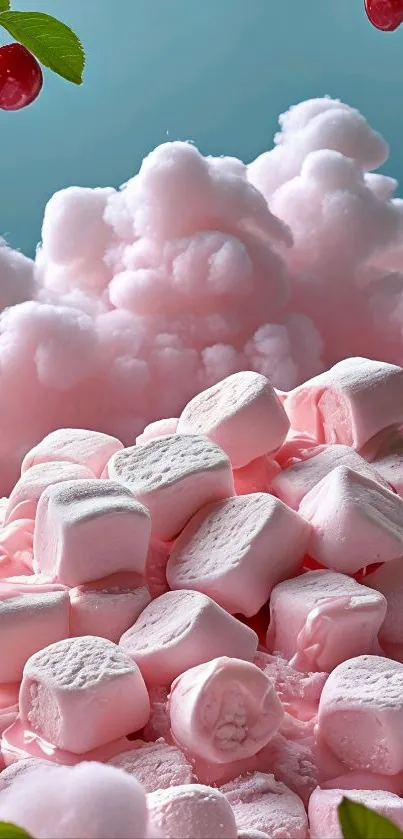 Soft pink marshmallows with fluffy clouds and cherries.