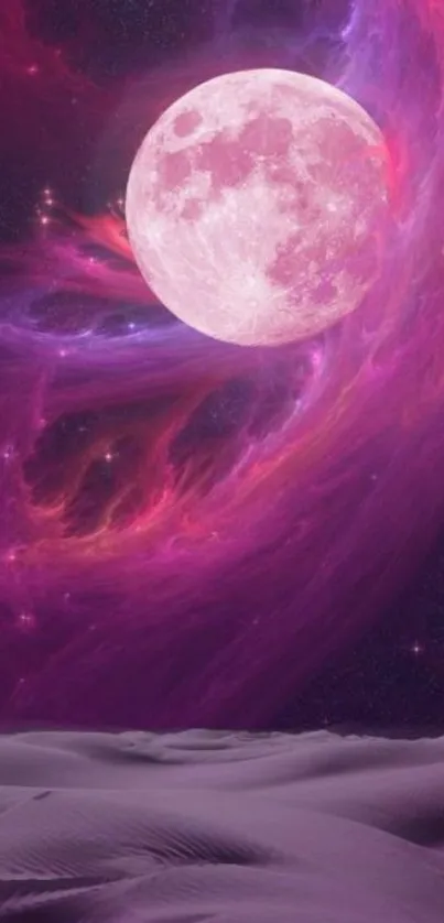 Dreamy landscape with pink moon and purple cosmos.