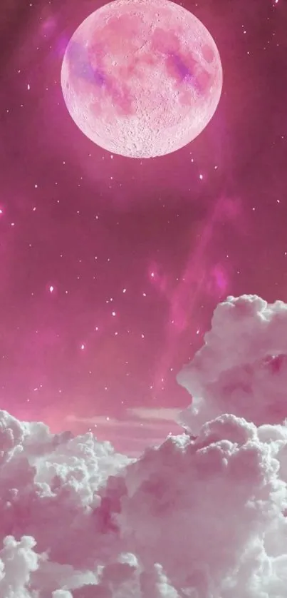 Dreamy pink moon over fluffy clouds in a night sky.