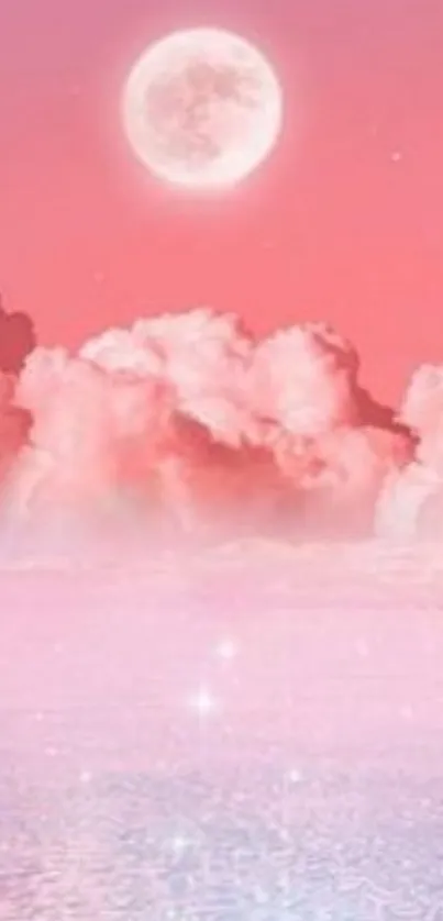 Dreamy pink wallpaper with moon and clouds.