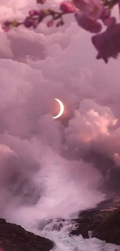 Dreamy wallpaper with pink clouds and crescent moon.