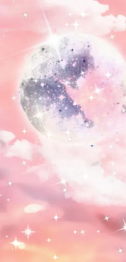 Dreamy pink moon with stars and clouds wallpaper.