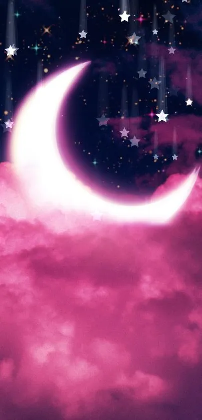 Pink moon rises over fluffy clouds with starry sky.