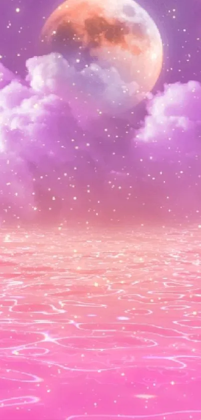 Dreamy pink moon over a pink ocean with clouds and stars.