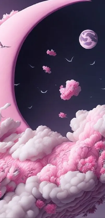 Pink clouds and crescent moon wallpaper with a whimsical touch.