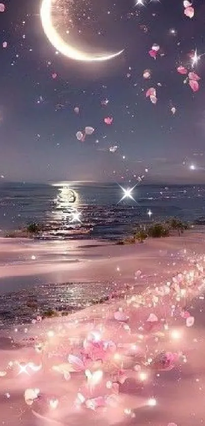 Dreamy pink beach under moonlight with floating petals and stars.