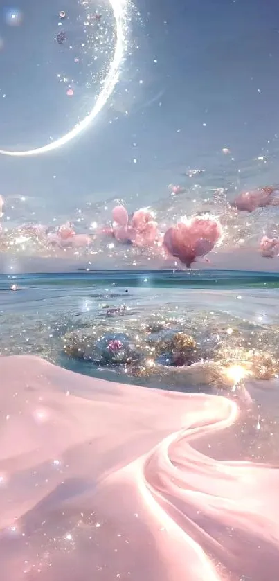 Dreamy pink landscape with crescent moon and sparkling water.