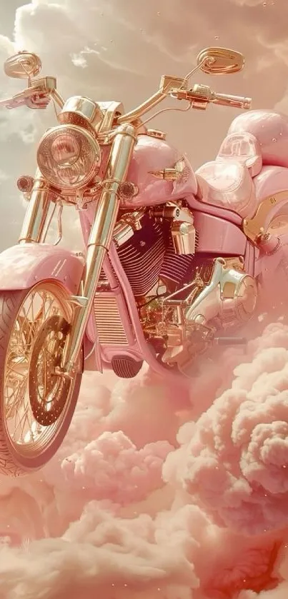 Pink motorcycle riding through dreamy clouds.