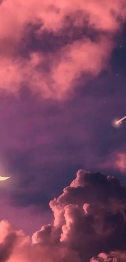 Dreamy pink clouds with a crescent moon and shooting star at night.