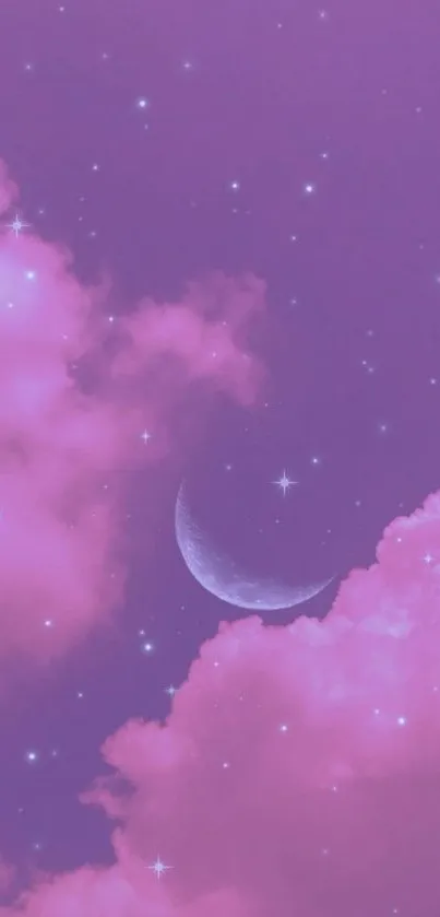 Dreamy night sky with pink clouds and crescent moon.