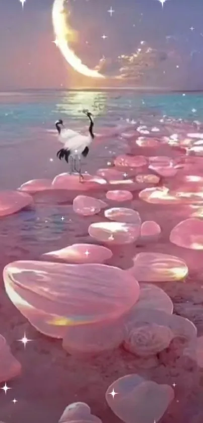 A dreamy pink ocean with cranes and glowing rocks under a moonlit sky.