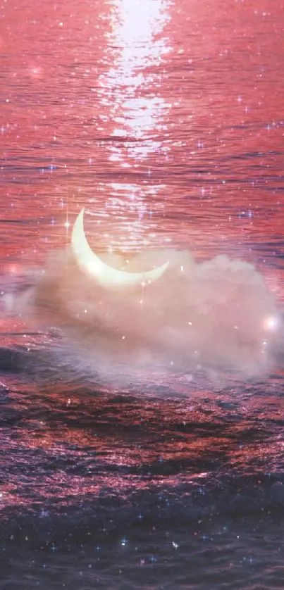 Pink ocean with crescent moon and stars reflecting on water.