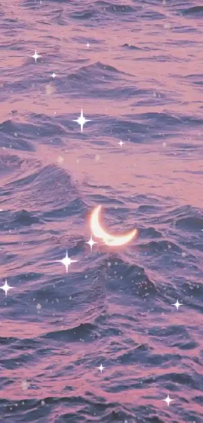 Lavender pink ocean with crescent moon and stars.