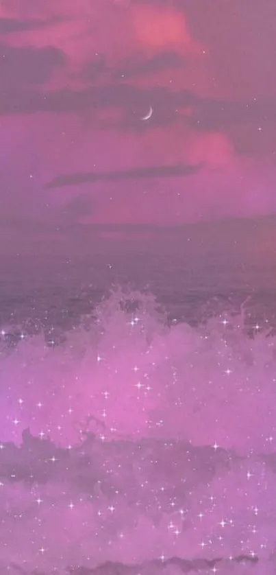 Dreamy pink ocean with sparkling waves and a crescent moon in the sky.