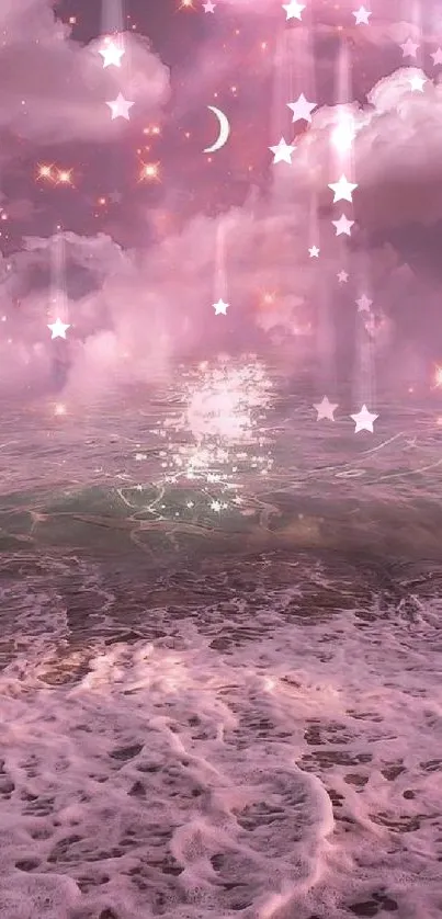 Dreamy pink ocean with stars and clouds.