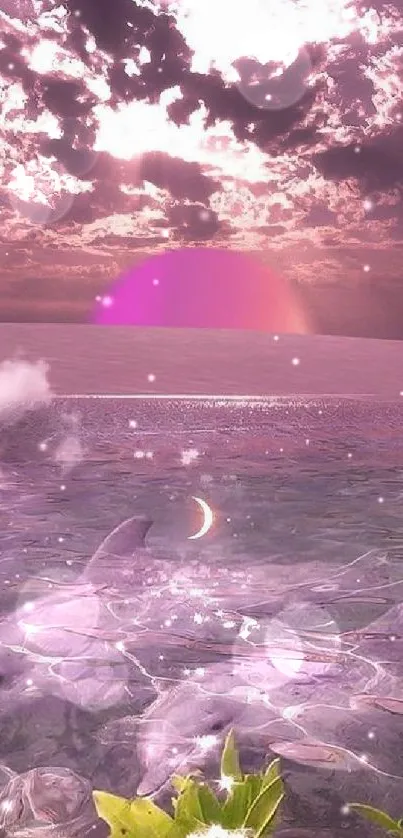 Magical pink sunset over ocean with dolphins and clouds.