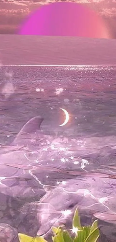 Dreamy pink sunset over ocean with dolphin and crescent moon.