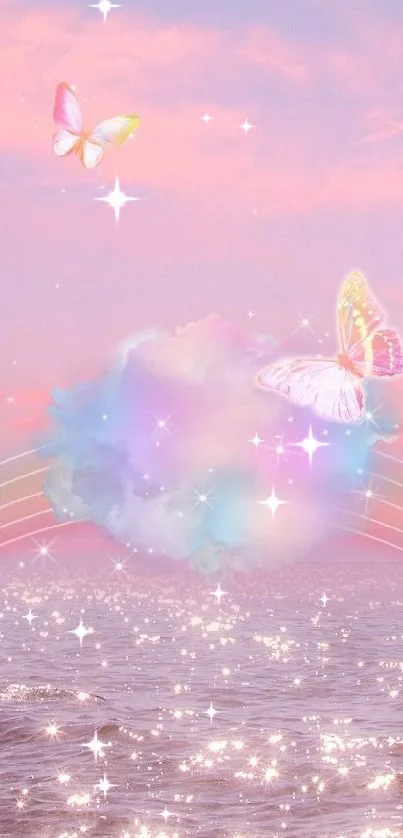 Dreamy pastel pink ocean with butterflies and sparkling waves.