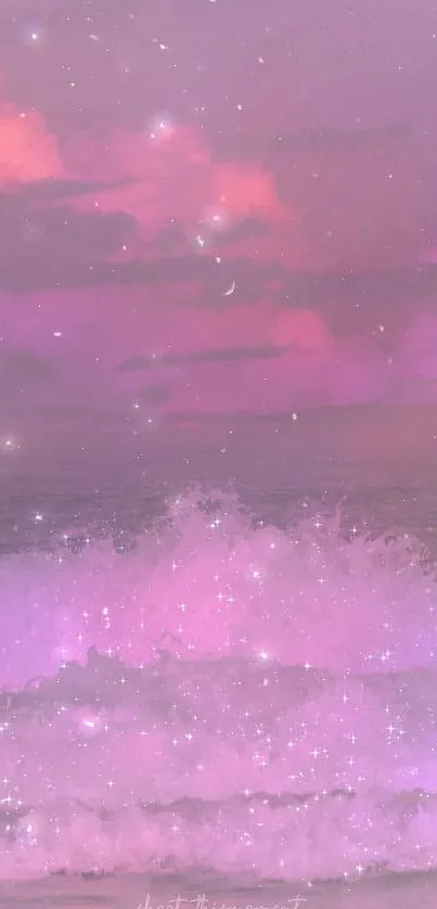 Pink ocean waves beneath a pastel sky.